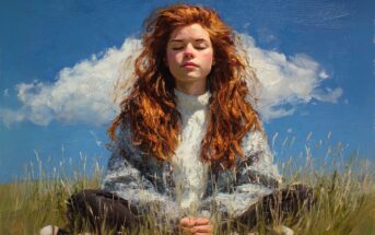 A young woman with long, curly red hair sits cross-legged in a grassy field, eyes closed, meditating under a bright blue sky with a single fluffy cloud behind her. The scene has a painted, textured effect.