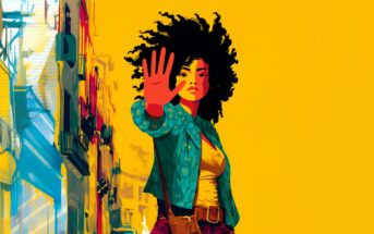 Illustration of a woman with curly hair holding her hand up as if signaling stop, standing in front of colorful city buildings, with a bright yellow background.