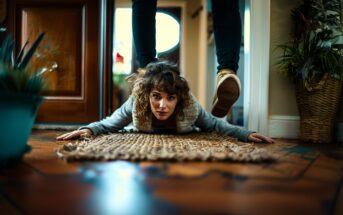 A woman lies face down on a rug near a front door, looking ahead, while someone steps over her. Plants and warm light fill the cozy indoor setting.