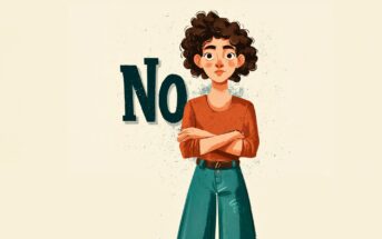 Illustration of a person with curly hair, wearing a red shirt and teal pants, standing with arms crossed and a serious expression. The word "NO" appears in large letters behind them.