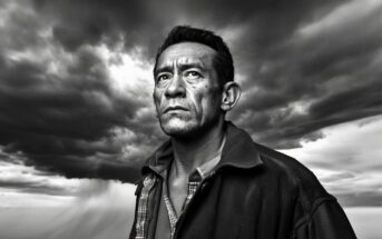 A black-and-white photo of a serious man with short hair and a rugged jacket, standing outdoors under dramatic, dark storm clouds. The wind appears to be blowing his jacket slightly.