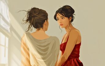 Two women with dark hair in updos stand indoors. One faces away wearing a draped white dress, while the other, in a red dress, faces her and looks thoughtfully to the side. Soft sunlight filters through a window.