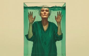 An older woman in a green robe stands inside a glass tank filled with water, pressing her hands against the glass and gazing forward with a serious expression. The water level reaches just above her shoulders.