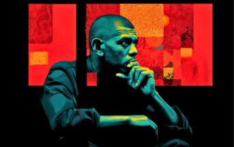 A man sits pensively with his hand on his chin, rendered in blue-green tones, against a vibrant red and orange abstract background featuring fingerprint patterns and geometric shapes.
