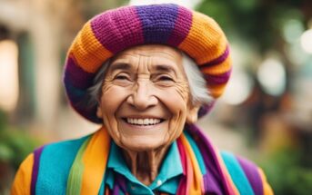 very old looking woman with a huge smile wearing brightly colored clothes outdoors