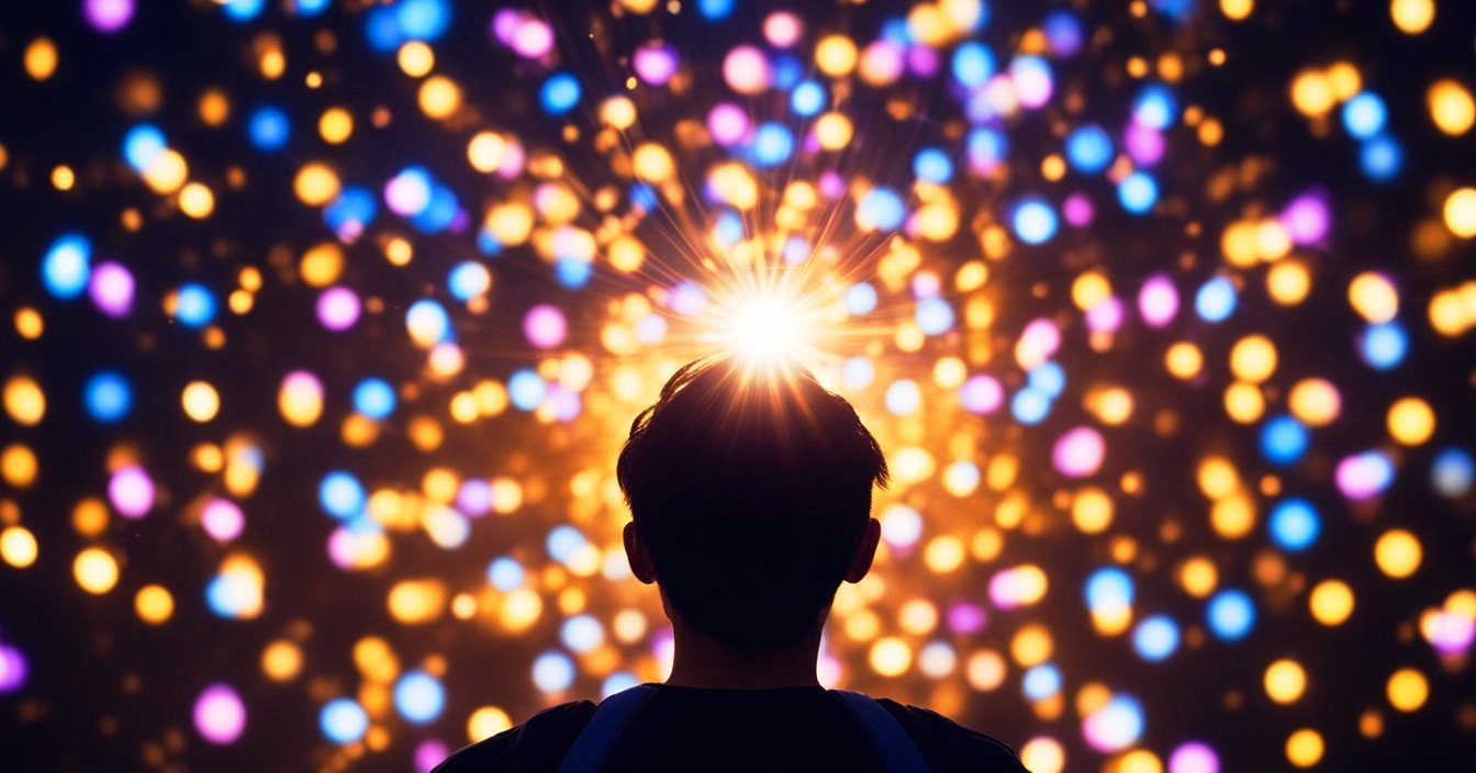 silhouette of a man's head and shoulders against the backdrop of a colorful array of blurry star-like lights