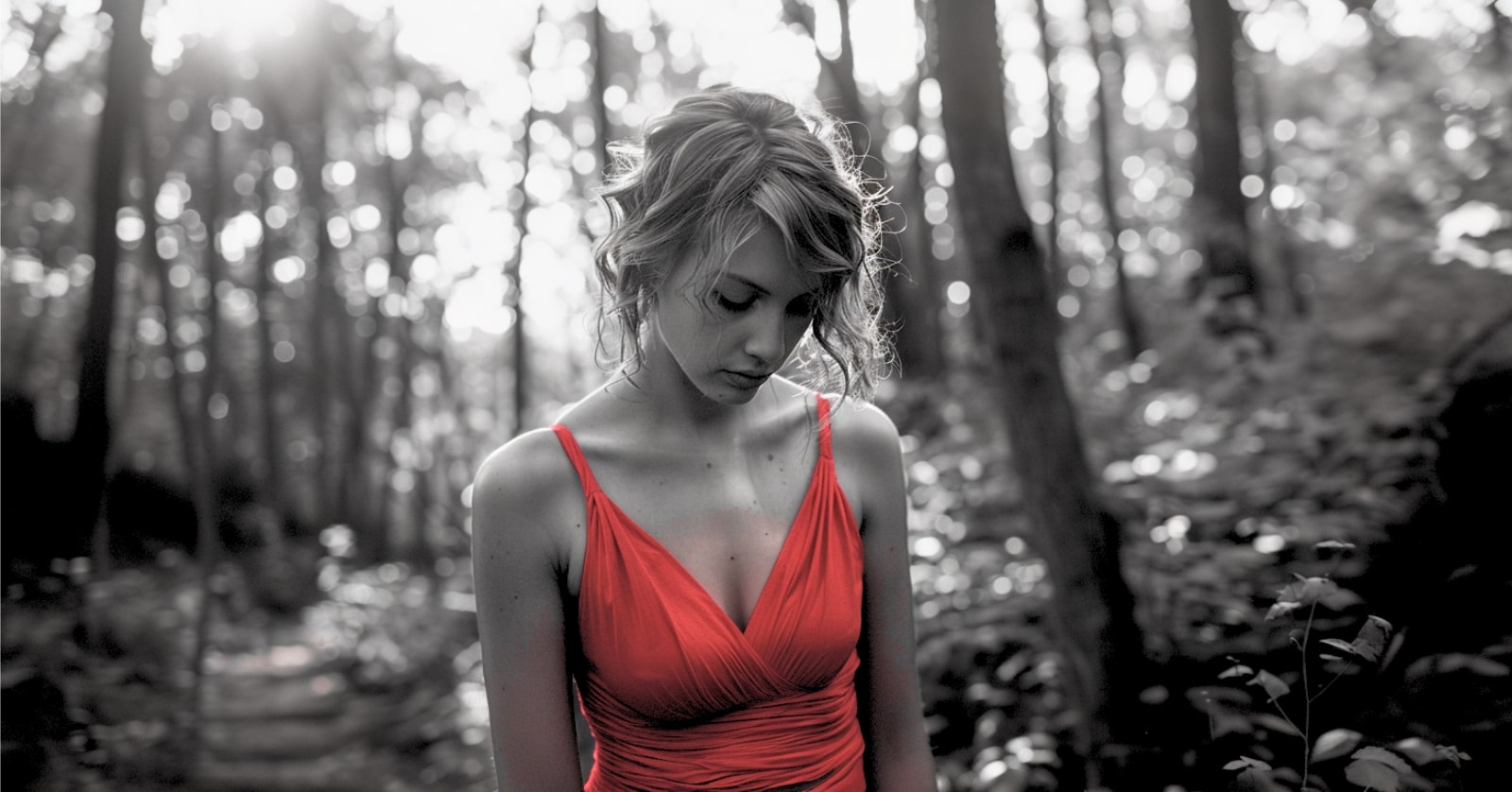 black and white photo of a sad woman standing in a forest wearing a red dress