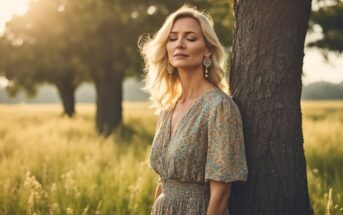 blonde woman in her later 30s to early 40s, leaning against a tree in a field with the sun's rays on her, she is wearing a floral maxi dress and her eyes are closed