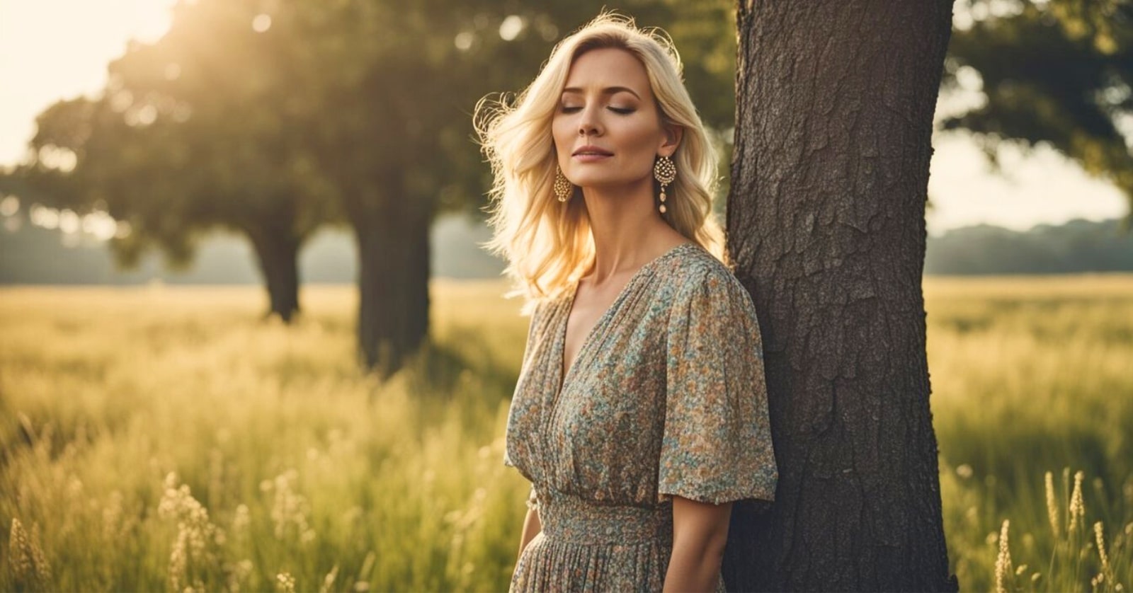 blonde woman in her later 30s to early 40s, leaning against a tree in a field with the sun's rays on her, she is wearing a floral maxi dress and her eyes are closed