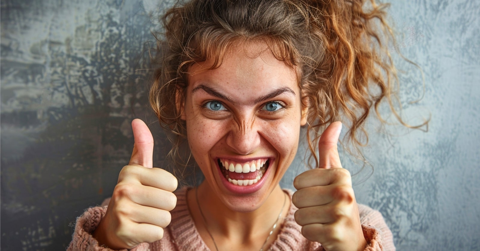 young woman giving two thumbs up with a crazy smile on her face against a grey background