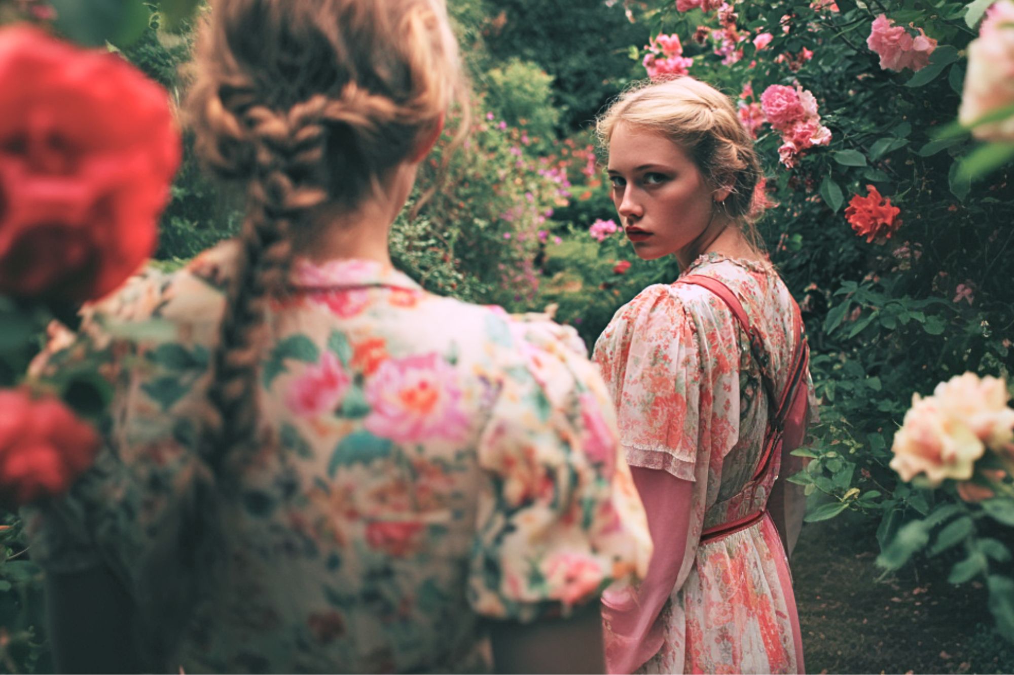 Two young women with braided hair and floral dresses stand among blooming roses. One faces away, while the other looks back over her shoulder with a serious expression. The scene is lush and colorful.