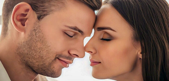 young couple in love with heads together