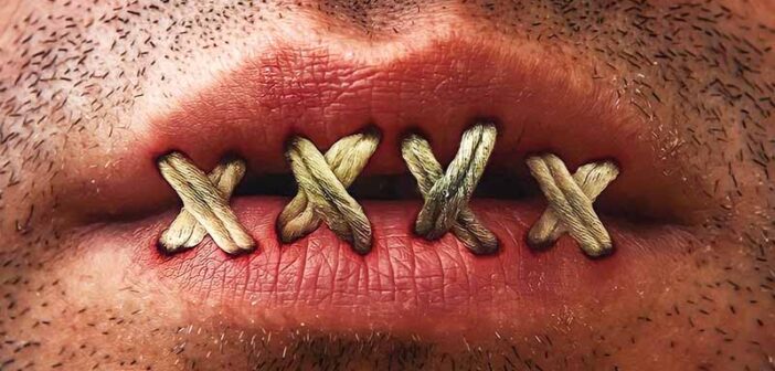 man with mouth stitched up - concept of lie by omission