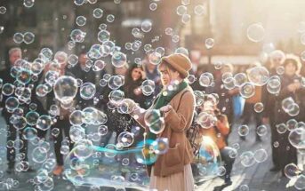 woman surrounded by bubbles not taking life seriously