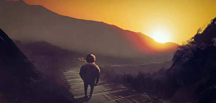 illustration of man walking down mountain path at sunrise - signifying change