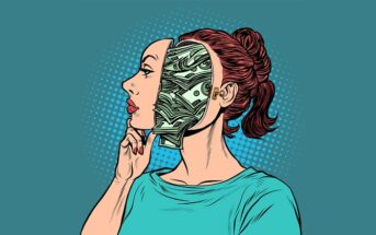 pop art of woman thinking about money