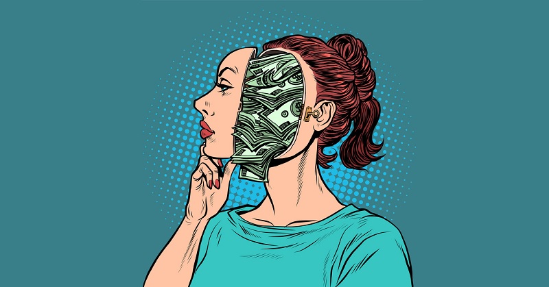 pop art of woman thinking about money
