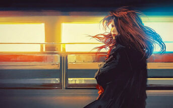 digital painting of woman with moving train in background - signifying anxiety