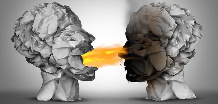 illustration of two heads with flame coming out of one mouth toward another to signify a heated argument