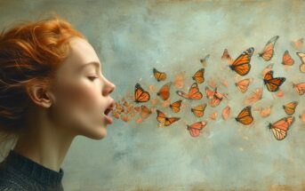 realistic illustration of a side portrait view of a young readhead woman with an open mouth with butterflies flying out of her mouth