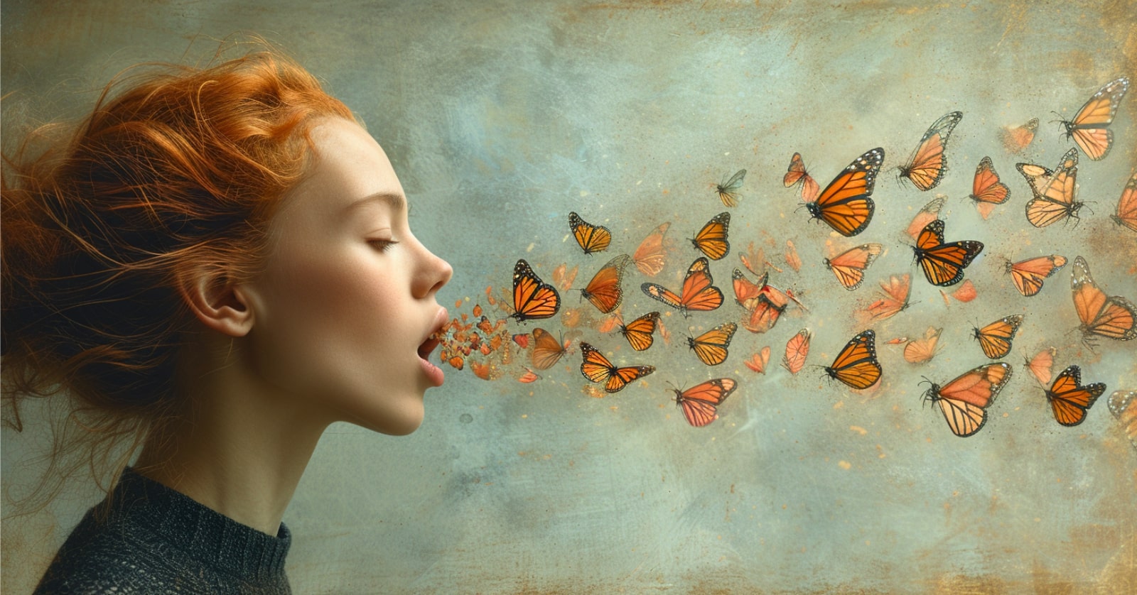 realistic illustration of a side portrait view of a young readhead woman with an open mouth with butterflies flying out of her mouth