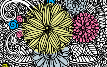 Intricate line art illustration featuring large, colorful flowers with yellow, pink, and blue petals surrounded by swirling and leafy patterns in black and white.