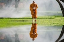 A Buddhist monk walking with reflection in water - concept of Nirvana