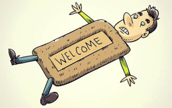 cartoon image of a man as a doormat illustrating being too nice