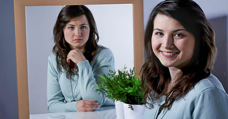 smiling girl with unhappy mirror reflection illustrating lying to yourself