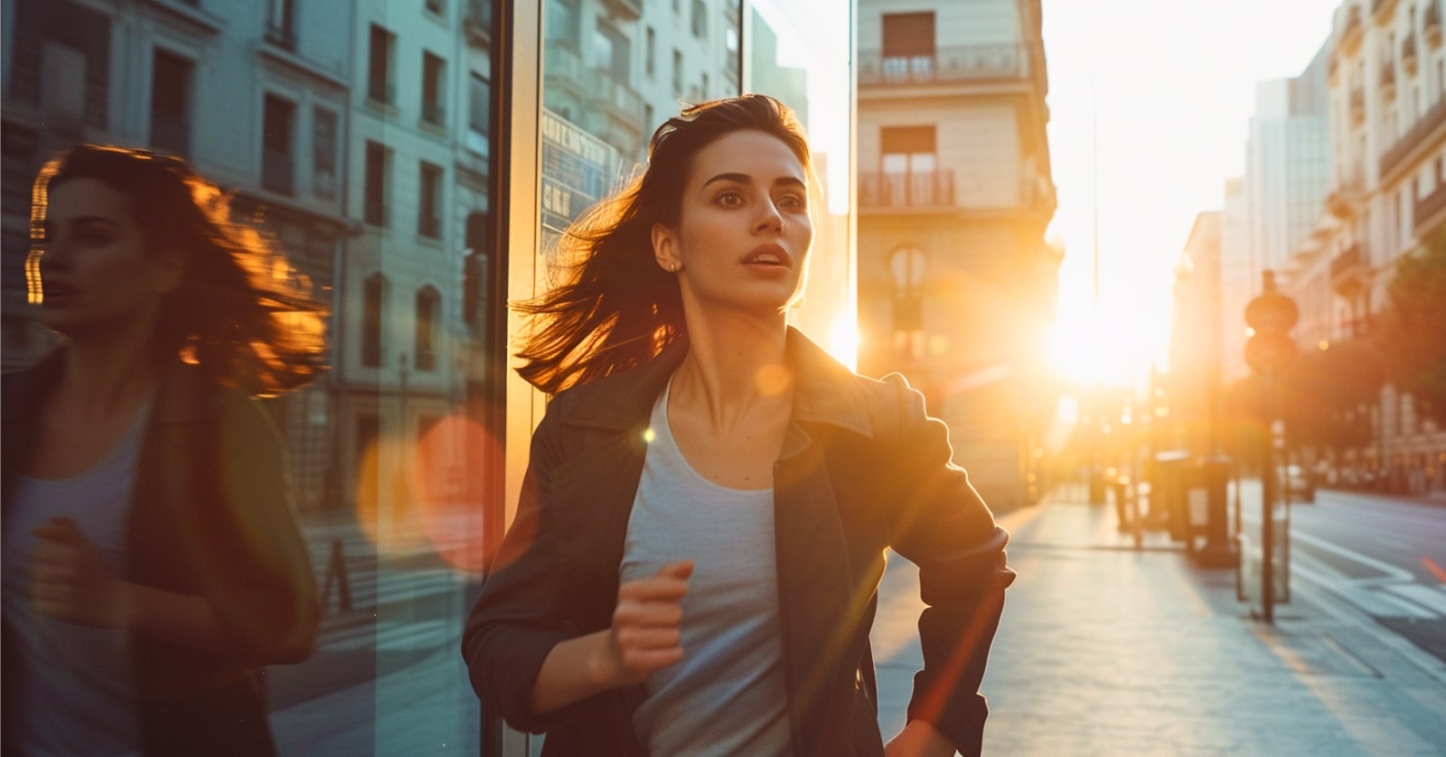 a proactive woman in smart casual attire running down an empty city street at sunrise