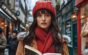 woman wearing a red winter hat and scarf walking down a bustling narrow street with shops either side, she is carrying a cook