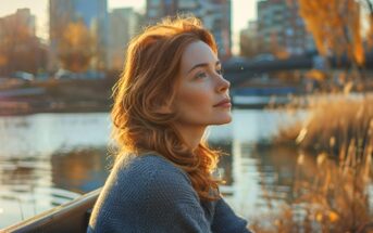 A serene redhead woman facing side on, sitting on a bench next to a pond. A cityscape is visible in the background. It is sunny.