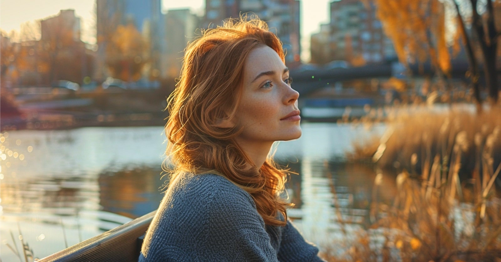 A serene redhead woman facing side on, sitting on a bench next to a pond. A cityscape is visible in the background. It is sunny.