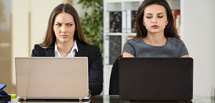 colleagues who don't like each other sitting side by side with laptops