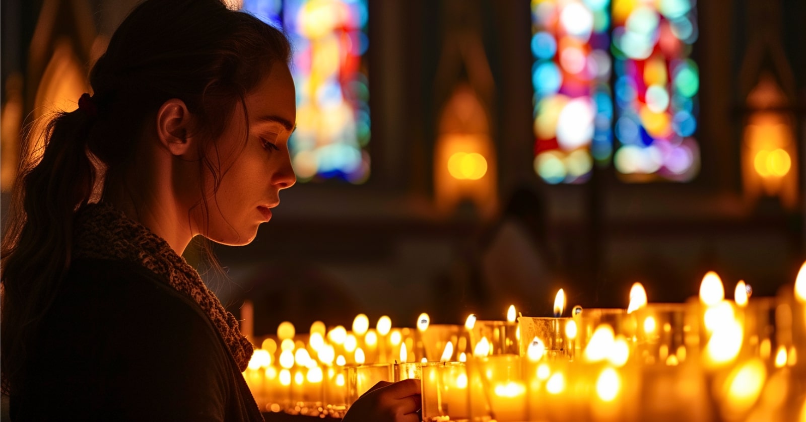 young woman lighting a candle of remembrance in at a church altar covered in other candles in a dimly lit scene