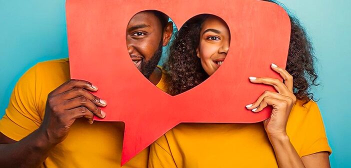 man and woman holding speech bubble between them with love heart cut out - illustrating the five love languages