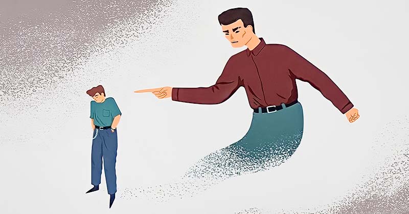 illustration of man with genie-like figure of his inner voice telling him he can't do anything right