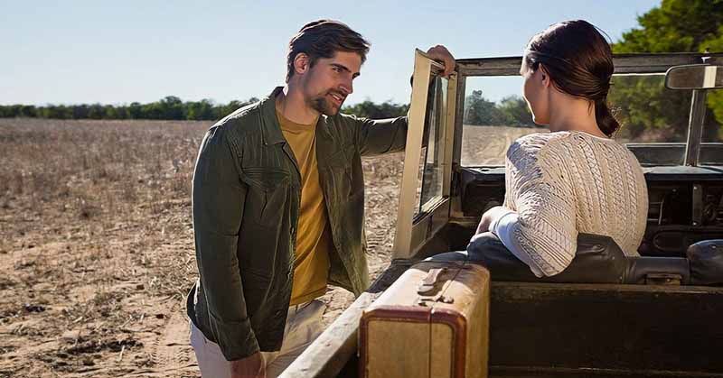 man talking to a woman in an open-topped jeep