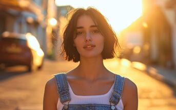 a young woman with a short black bob wearing denim dungarees and a white top. she is walking down a quiet street at the golden hour