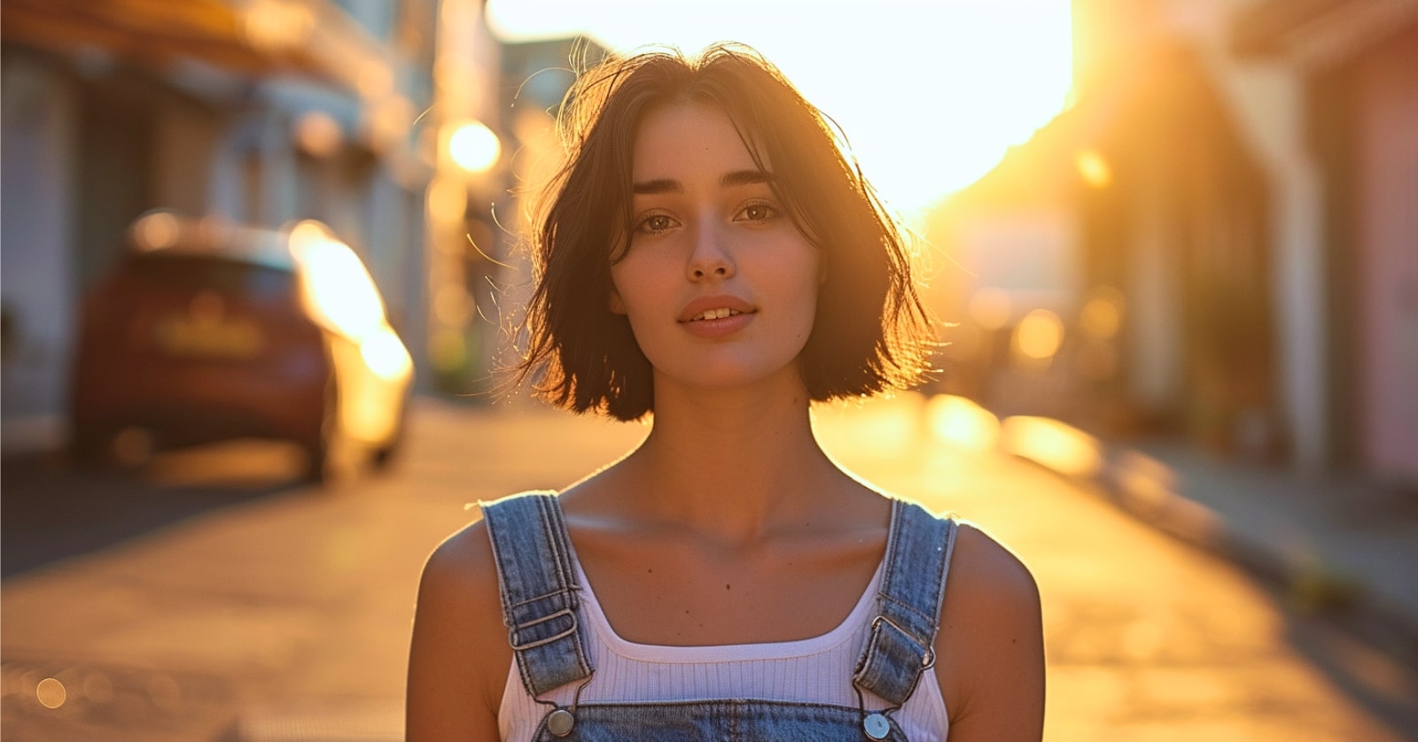 a young woman with a short black bob wearing denim dungarees and a white top. she is walking down a quiet street at the golden hour