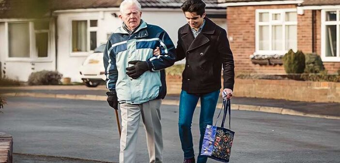 young man helping an elderly man across the road - illustrating random acts of kindness