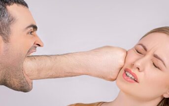 photoshopped image of a man with a fist coming out of his mouth hitting a woman in the face - illustrating saying hurtful things to your partner
