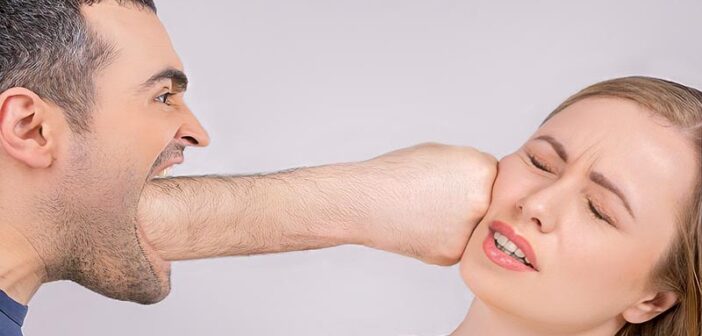 photoshopped image of a man with a fist coming out of his mouth hitting a woman in the face - illustrating saying hurtful things to your partner