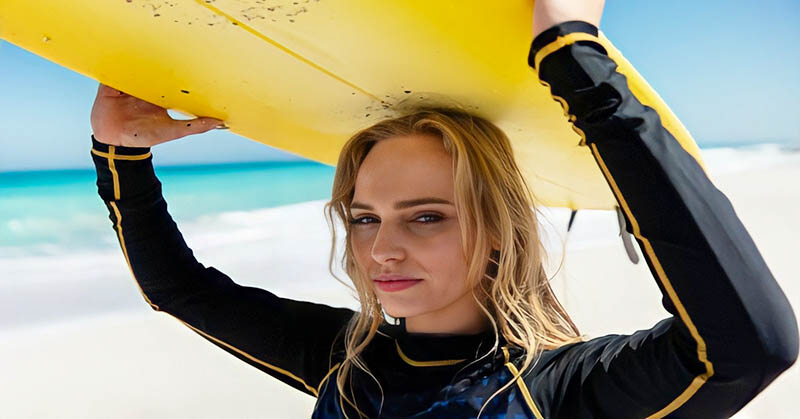 young woman in wetsuit carrying a surfboard above her head - illustrating an exciting and interesting life