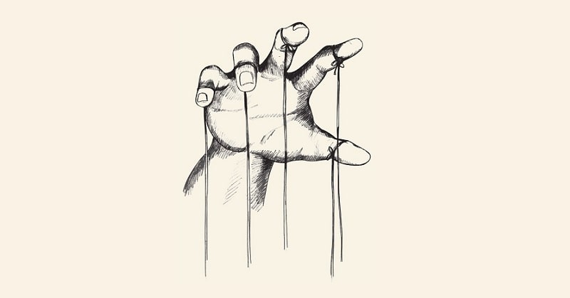 drawing of a hand with puppet strings coming off each finger - illustrating the concept of control issues