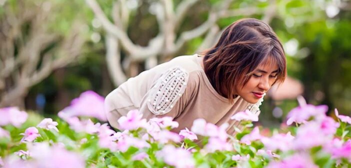 woman smelling some pink flowers - illustrating improving your quality of life