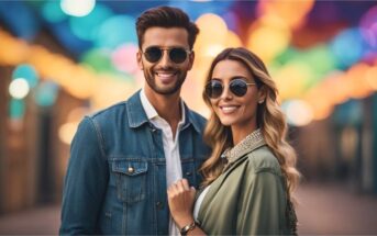 happy looking couple wearing sunglasses against a colorful street background