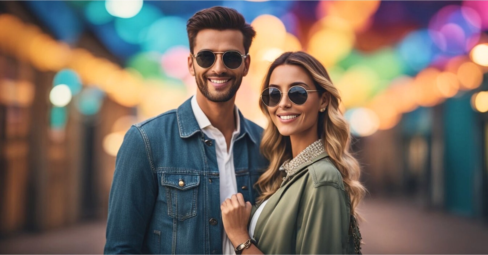 happy looking couple wearing sunglasses against a colorful street background
