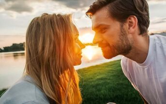 couple staring into each other's eyes at sunset - illustrating he is the one