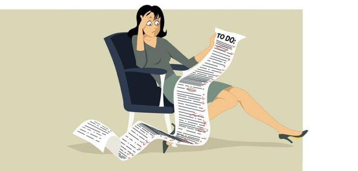 illustration of a stressed woman looking at a very long to-do list